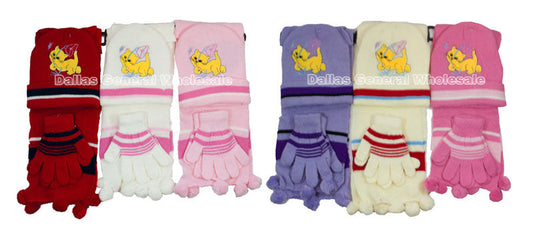 Little Girls 3 Pieces Cat Beanie Hat & Gloves & Scarf Set Wholesale