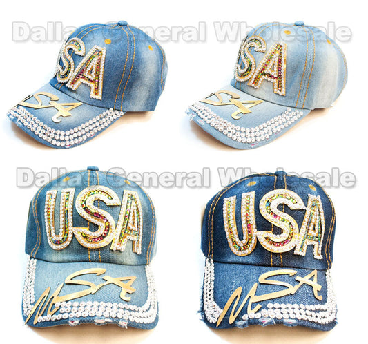 Ladies USA Studded Fashion Denim Caps Wholesale
