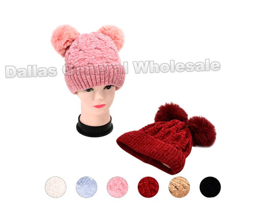 Bulk Buy Kids Fur Lining 2 Pom Pom Beanie Hats Wholesale