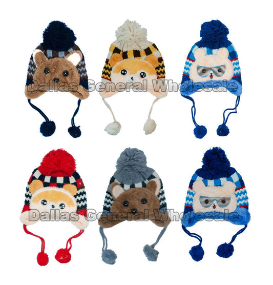 Children's Fur Lining Animal Toboggan Beanie Hats Wholesale MOQ 12