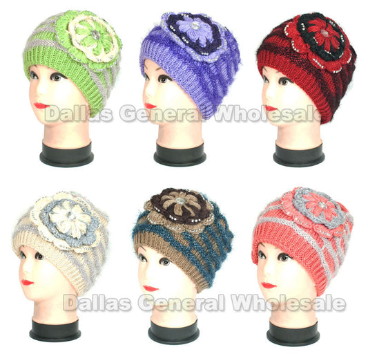 Ladies Flower Knitted Thick Beanie Hats Wholesale