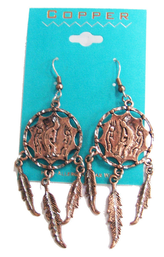 Wholesale SOLID COPPER KOKOPELLI DANCING INDIAN MAN DREAM CATCHER DANGLE EARRINGS  ( sold by the  piece )