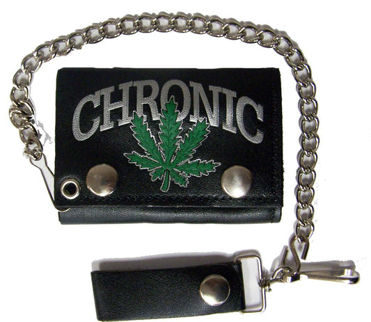 Wholesale CHRONIC MARIJUANA POT LEAF TRIFOLD LEATHER WALLETS WITH CHAIN (Sold by the piece)