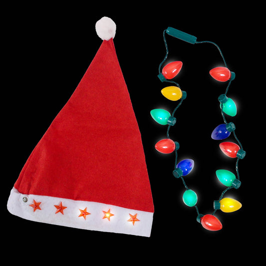 Light Up Santa Hat and Ornament Necklace Combo In Bulk