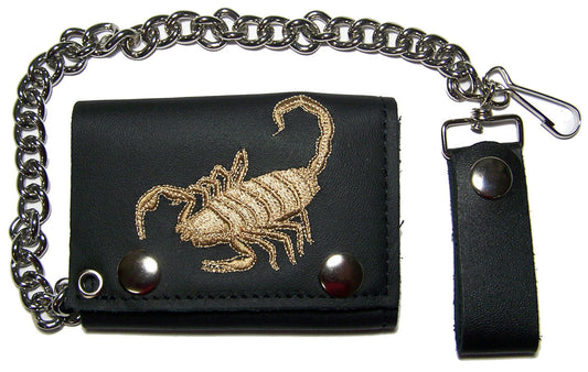 Wholesale EMBROIDERED SCORPION TRIFOLD LEATHER WALLET WITH CHAIN (Sold by the piece)