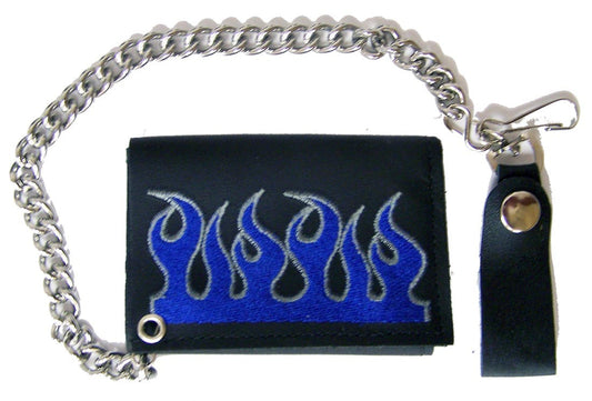 Wholesale EMBROIDERED BLUE FLAMES TRIFOLD LEATHER WALLET WITH CHAIN (Sold by the piece)