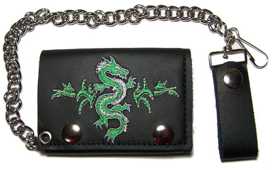 Wholesale EMBROIDERED CHINESE GREEN DRAGON TRIFOLD LEATHER WALLET WITH CHAIN (Sold by the piece)