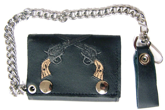 Wholesale EMBROIDERED TWIN CROSSED PISTOLS GUNS TRIFOLD LEATHER WALLET WITH CHAIN (Sold by the piece)