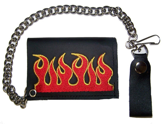 Buy EMBROIDERED RED FLAMES TRIFOLD LEATHER WALLET WITH CHAINBulk Price