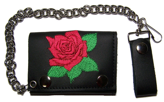 Wholesale EMBROIDERED RED ROSE TRIFOLD LEATHER WALLET WITH CHAIN (Sold by the piece)