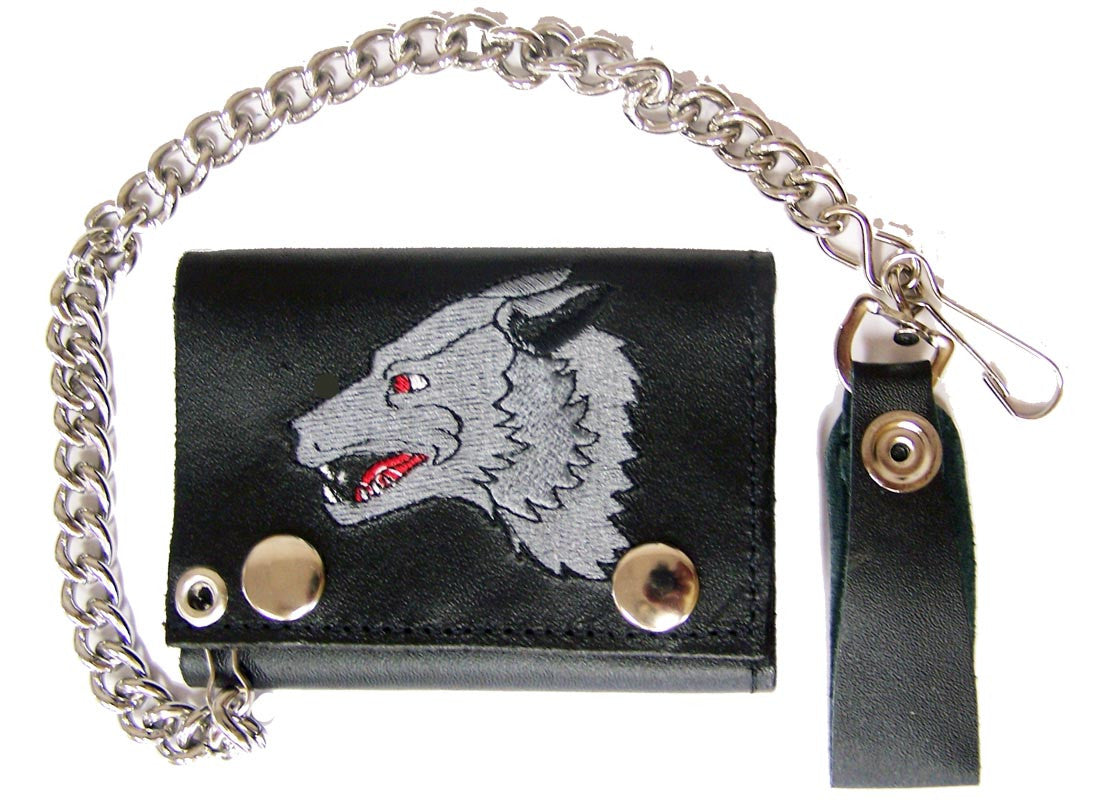 Buy EMBROIDERED LONE WOLF TRIFOLD LEATHER WALLET WITH CHAINBulk Price
