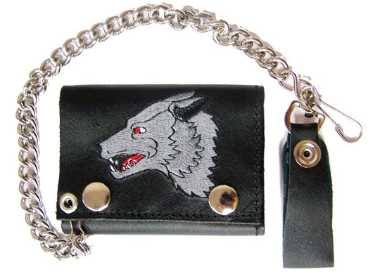 Wholesale EMBROIDERED LONE WOLF TRIFOLD LEATHER WALLET WITH CHAIN (Sold by the piece)