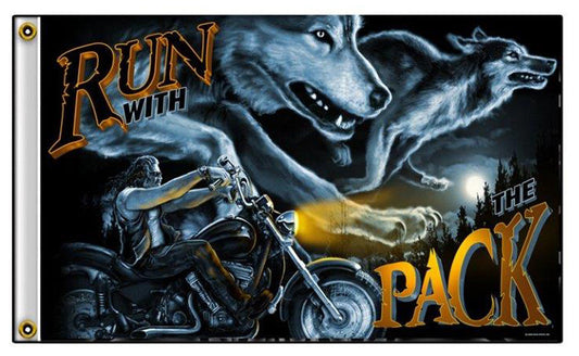 Buy RUN WITH THE PACK WOLF MOTORCYCLE BIKER 3' x 5' DELUXE BIKER FLAG *- CLOSEOUT NOW $ 5 EABulk Price