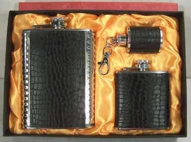 Wholesale BLACK LEATHER 3 PIECE FLASK WITH KEY CHAIN SET (Sold by the piece)