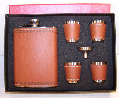 Wholesale BROWN LEATHER FLASK SET WITH 4 SHOT GLASSES  (Sold by the piece)