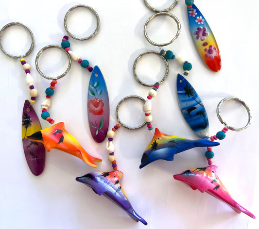 Painted Wooden Dolphin and Surfboard Keychains - Beach-Inspired Accessories (Sold By Piece Or Dozen)