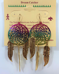 Buy 3 INCH METAL DREAM CATCHER RAINBOW DANGLE EARRINGS WITH GOLD FEATHERS (SOLD BY THE PAIR) Bulk Price