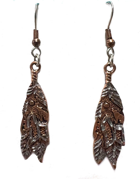 Wholesale SOLID COPPER FEATHER WITH WOLF DANGLE EARRINGS  ( sold by the  piece )