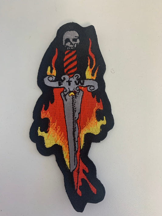Buy FTW FLAMING SKULL DAGGER EMBROIDERED PATCH Bulk Price