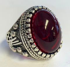 Buy Ruby red stone engravedmetal biker ring Bulk Price