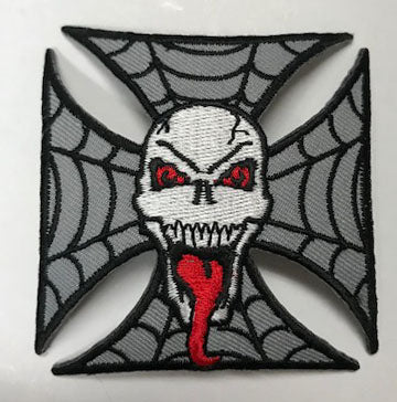 Wholesale WEBBED IRON CROSS WITH SKULL W TONGUE 3 INCH PATCH (Sold by the piece OR dozen ) *-CLOSEOUT AS LOW AS 50 CENTS EA