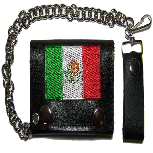 Wholesale EMBROIDERED MEXICO FLAG TRIFOLD LEATHER WALLET WITH CHAIN (Sold by the piece)