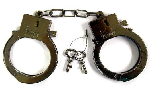 Wholesale ELECTROPLATED SHINY GREY PLASTIC HANDCUFFS WITH KEYS (Sold by the dozen)