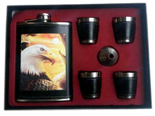 Wholesale EAGLE WITH SUNRISE FLASK SET W FOUR SHOT GLASSES & FUNNEL (Sold by the piece)