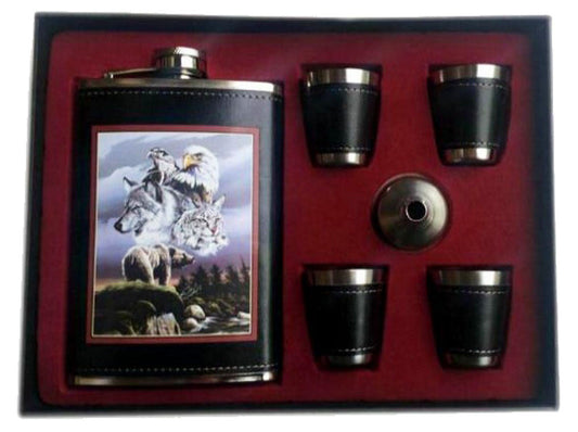 Wholesale WILD ANIMALS FLASK SET W 4 SHOT GLASSES  (Sold by the piece)