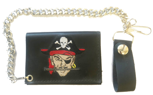 Wholesale Embroidered PIRATE SKULL & CROSS BONES TRIFOLD LEATHER WALLET WITH CHAIN (Sold by the piece)