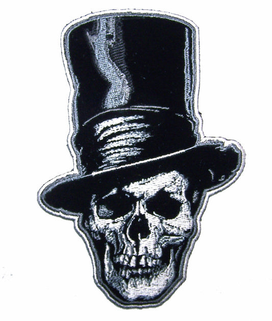 Wholesale 15 INCH TALL! SKULL HEAD STOVE PIPE HAT 15 IN  EMBROIDERED PATCH  (sold by the piece )