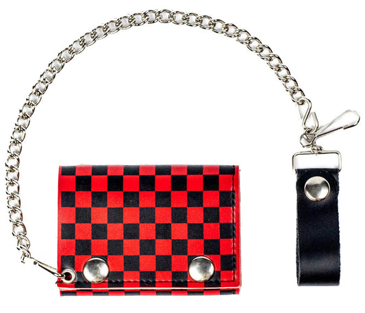 Wholesale Red & Black Checkered Trifold Leather Wallets with Chain For Women's (Sold by - 6 piece)