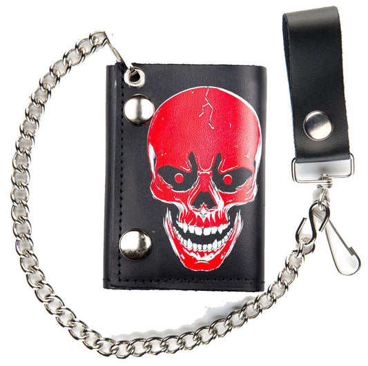 Wholesale LARGE RED SKULL TRIFOLD LEATHER WALLETS WITH CHAIN (Sold by the piece)