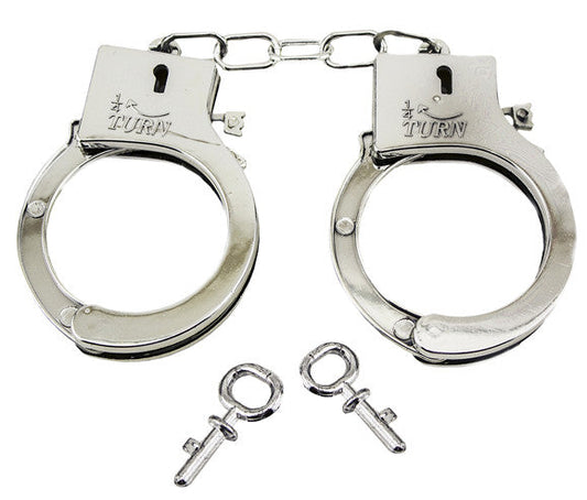 Wholesale ELECTROPLATED SHINY SILVER PLASTIC HANDCUFFS WITH KEYS (Sold by the dozen)