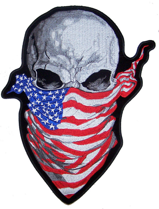 Wholesale SKULL AMERICAN FLAG BANDANA EMBROIDERED PATCH 12 INCH (Sold by the piece)