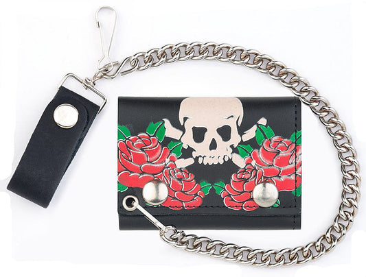 Buy SKULL AND ROSES TRIFOLD LEATHER WALLETS WITH CHAINBulk Price