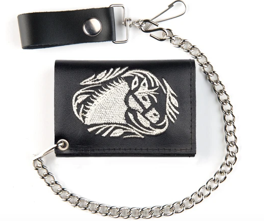 Wholesale EMBROIDERED HORSE TRIFOLD LEATHER WALLETS WITH CHAIN (Sold by the piece)