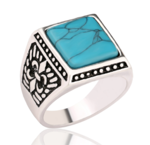 Wholesale Square Turquoise engraved real stone sterling plated ring (sold by the piece)