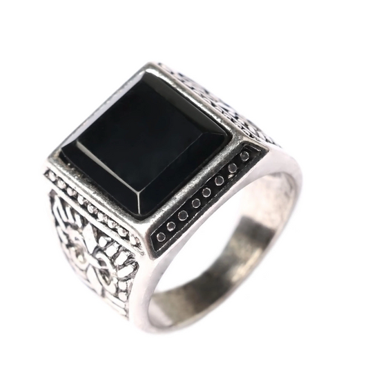 Wholesale Square black stone engraved real stone sterling plated ring (sold by the piece)