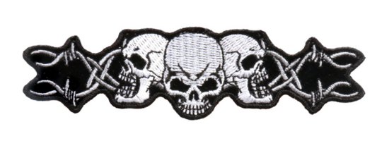 Wholesale TRIPLE SKULL HEAD SKULL HEADS BARBED WIRE EMBROIDERED PATCH  (sold by the piece )