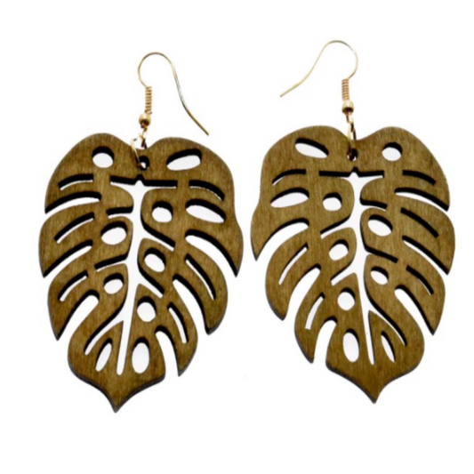 Wholesale Lightweight Wooden Monstera Leaf Drop Earrings (sold by the pair)