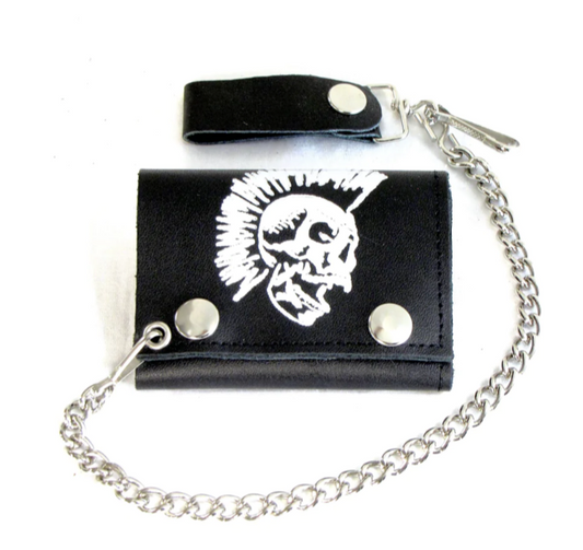 Wholesale PUNK SKULL WITH MOHAWK TRIFOLD LEATHER WALLETS WITH CHAIN (Sold by the piece)