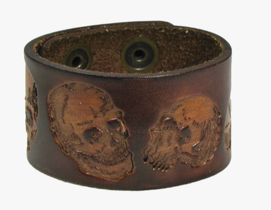 Wholesale THICK ENGRAVED SKULL BROWN LEATHER CUFF BRACELET(sold by the piece)