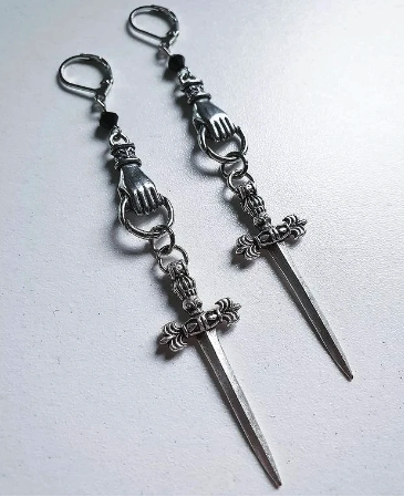 Wholesale DAGGER WITH HAND METAL GOTHIC 3 1/2 INCH DANGLE EARRINGS (Sold by the piece)