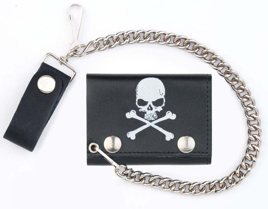 Buy SKULL AND CROSS BONES TRIFOLD LEATHER WALLETS WITH CHAINBulk Price