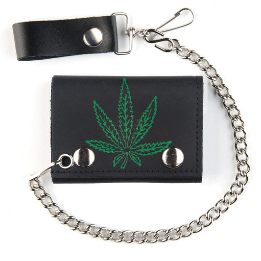 Wholesale MARIJUANA POT LEAF TRIFOLD LEATHER WALLETS WITH CHAIN (Sold by the piece)