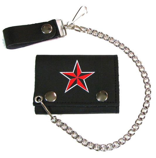 Wholesale NAUTICAL RED STAR TRIFOLD LEATHER WALLETS WITH CHAIN (Sold by the piece)
