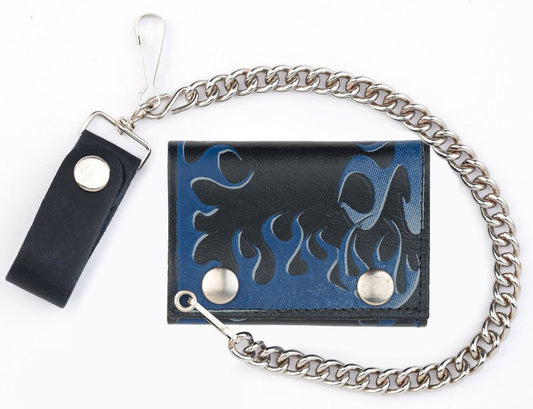 Wholesale BLUE FLAMES TRIFOLD LEATHER WALLETS WITH CHAIN (Sold by the piece)
