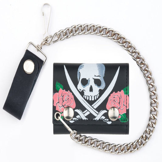 Roses Skull Crosses Sword Trifold Leather Wallets with Chain