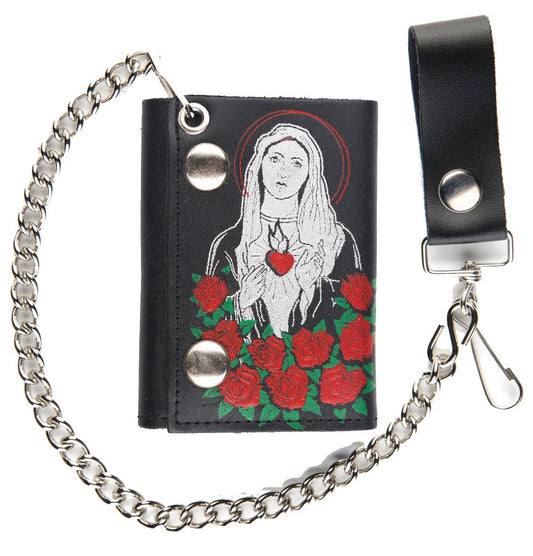 Wholesale GUADALUPE MARY ROSES TRIFOLD LEATHER WALLETS WITH CHAIN (Sold by the piece)